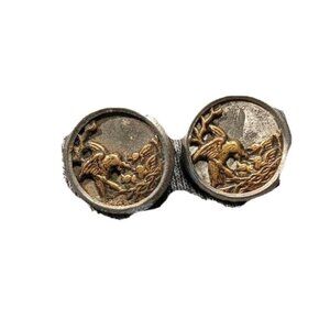 2 hummingbirds metal Picture Button getting nectar from cute flower antique vin